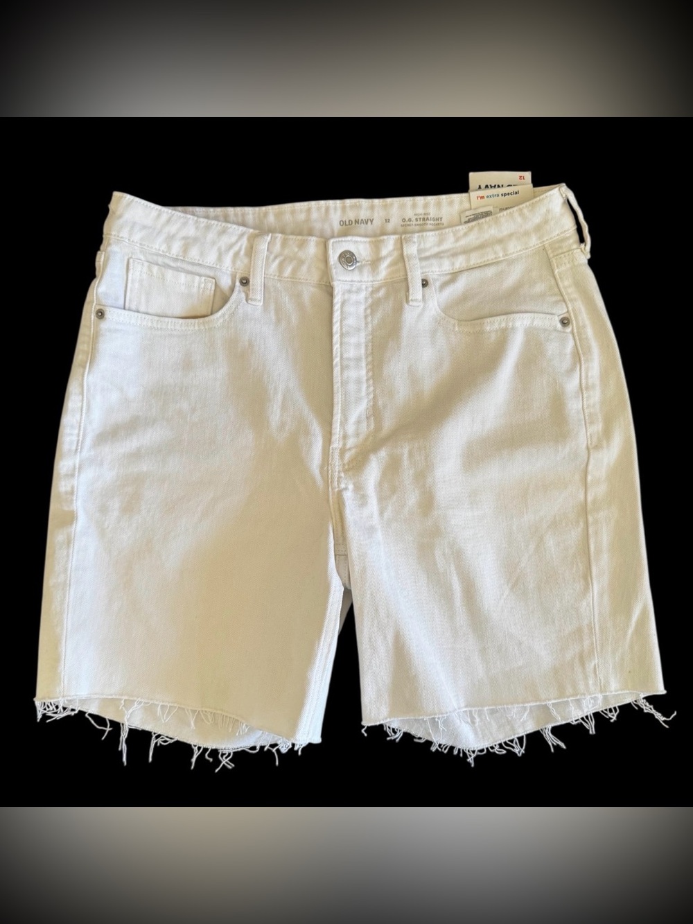 NWT Old Navy size 12 shorts straight white denim jean high rise raw edge stretch